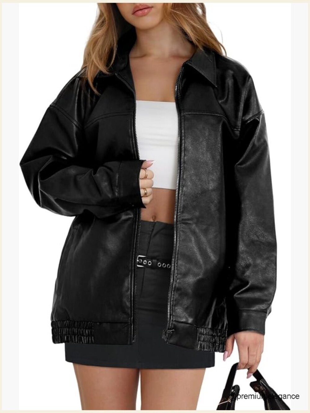 Oversized Faux Leather Moto Jacket, Long Sleeve, Relaxed Fit, Winter Coat